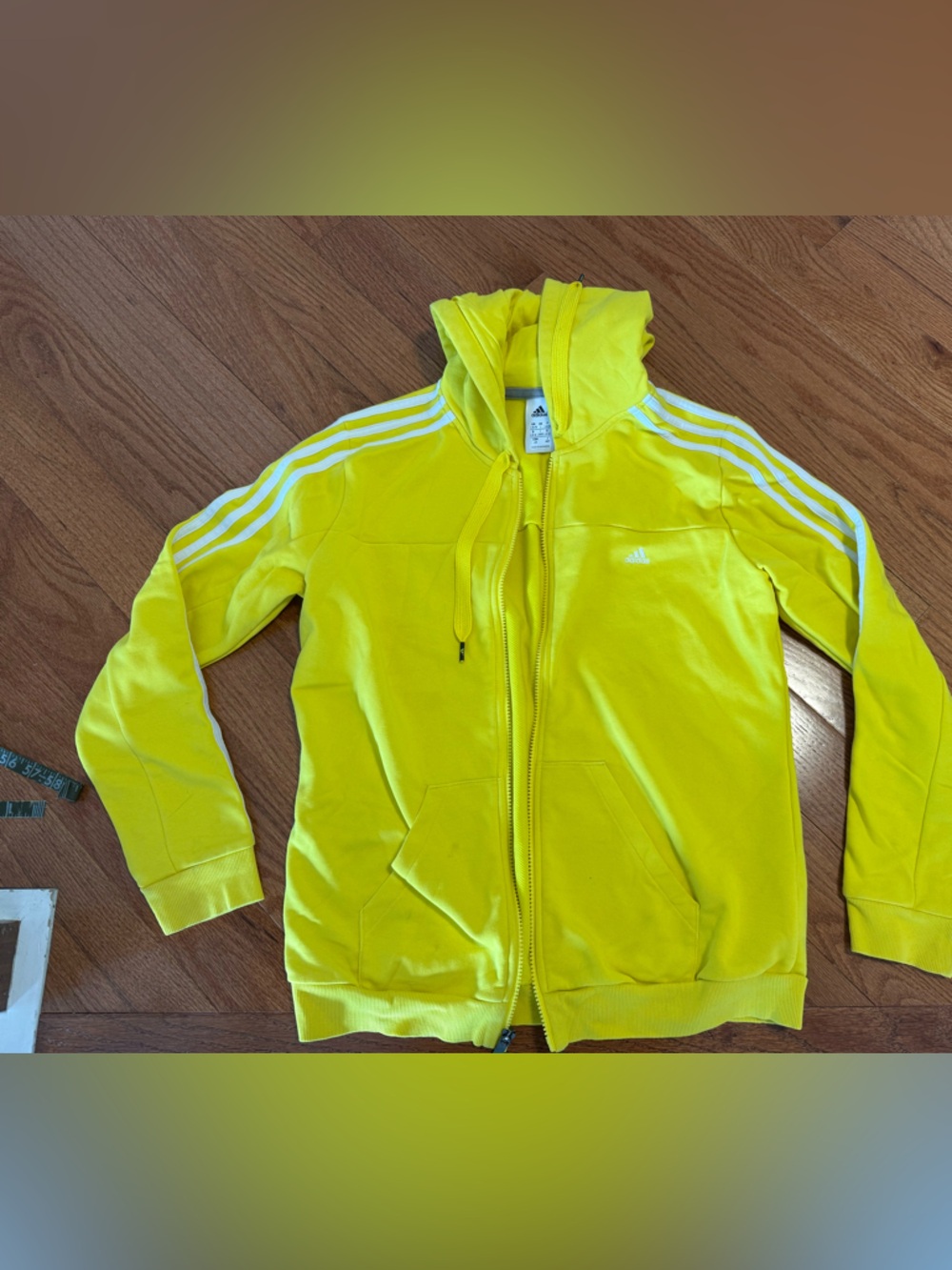 adidas Yellow Hooded Zip Jacket with White Stripes - large